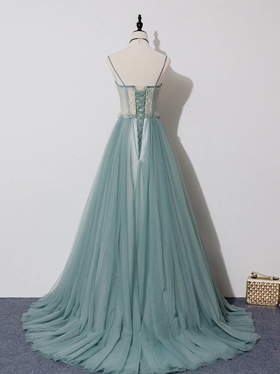 Green A-line Tulle Lace Long Prom Dress Green Tulle Formal Dress - Deanwangkt