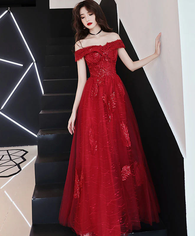 Burgundy Tulle Lace Off Shoulder Prom Dress, Burgundy Evening Dress - Deanwangkt