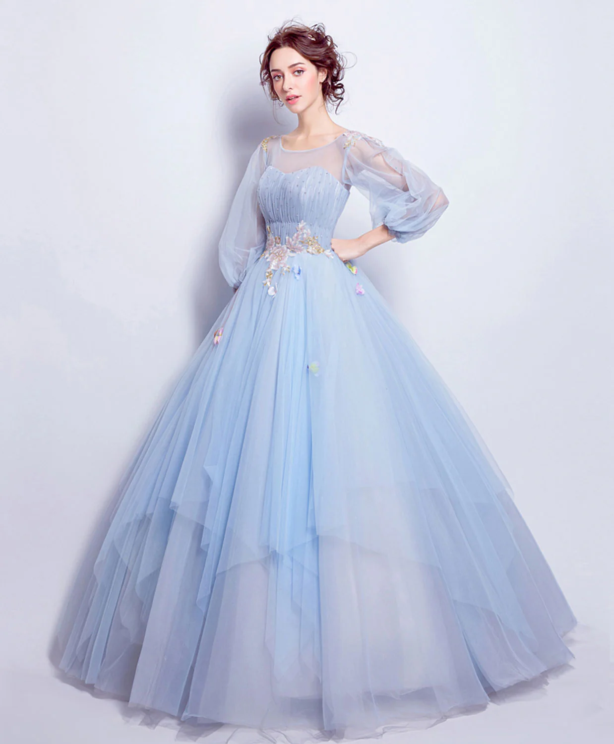 Blue Round Neck Tulle Blue Long Prom Gown, Blue Evening Dress - Deanwangkt