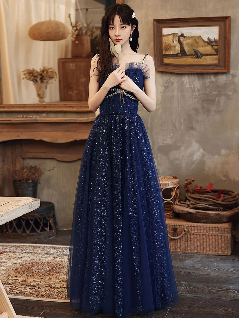 Blue Tulle A line Sequin Long Prom Dress, Blue Tulle Formal Dress - Deanwangkt