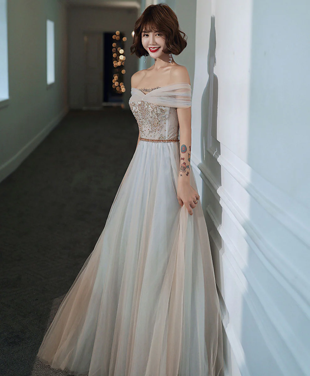 Gray Tulle Lace Long Prom Dress Tulle Lace Formal Dress - Deanwangkt