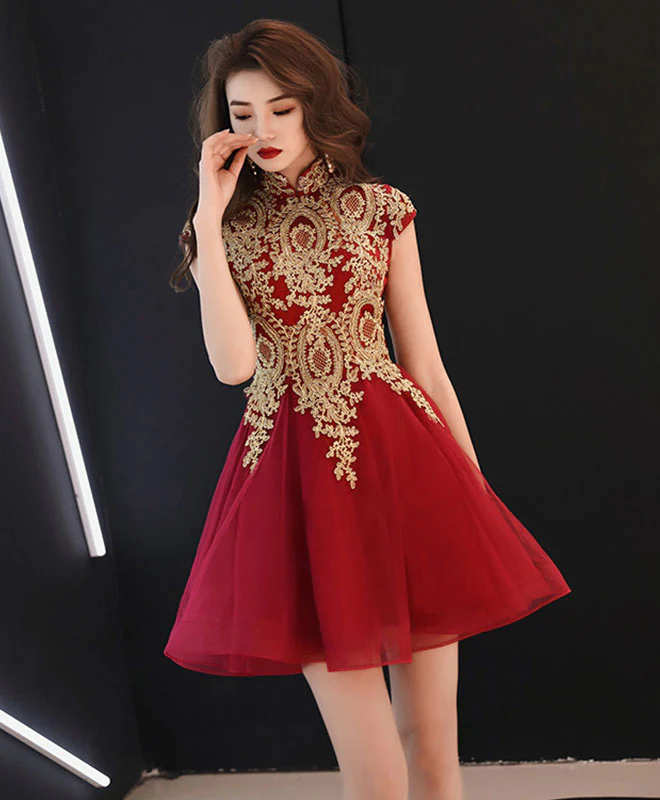 Burgundy Lace Tulle Short Prom Dress, Burgundy Homecoming Dress - Deanwangkt