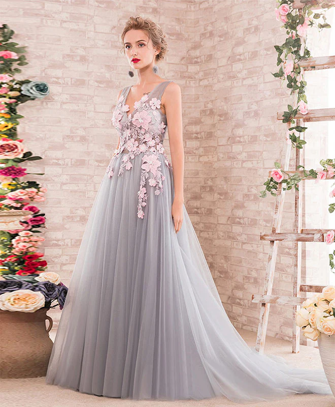 Gray A-Line V Neck Tulle Lace Applique Long Prom Dress, Gray Evening Dress - Deanwangkt