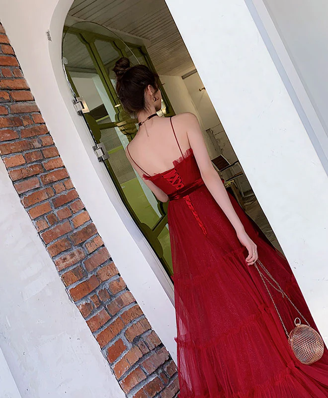 Burgundy A-Line Tulle Long Prom Dress Burgundy Tulle Formal Dress - Deanwangkt