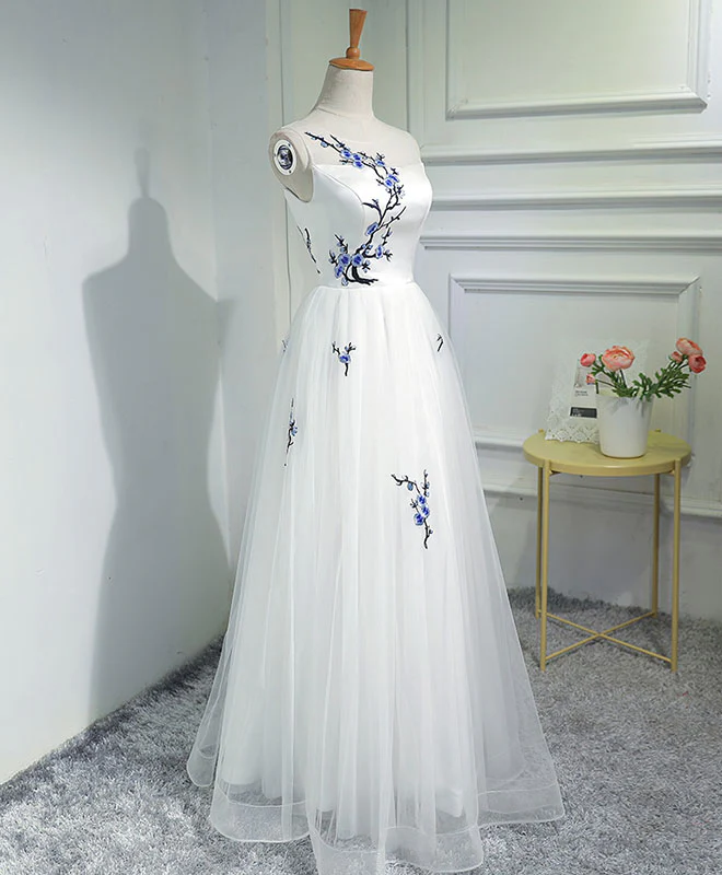 White A-Line Tulle Long Prom Dress, White Evening Dress - Deanwangkt