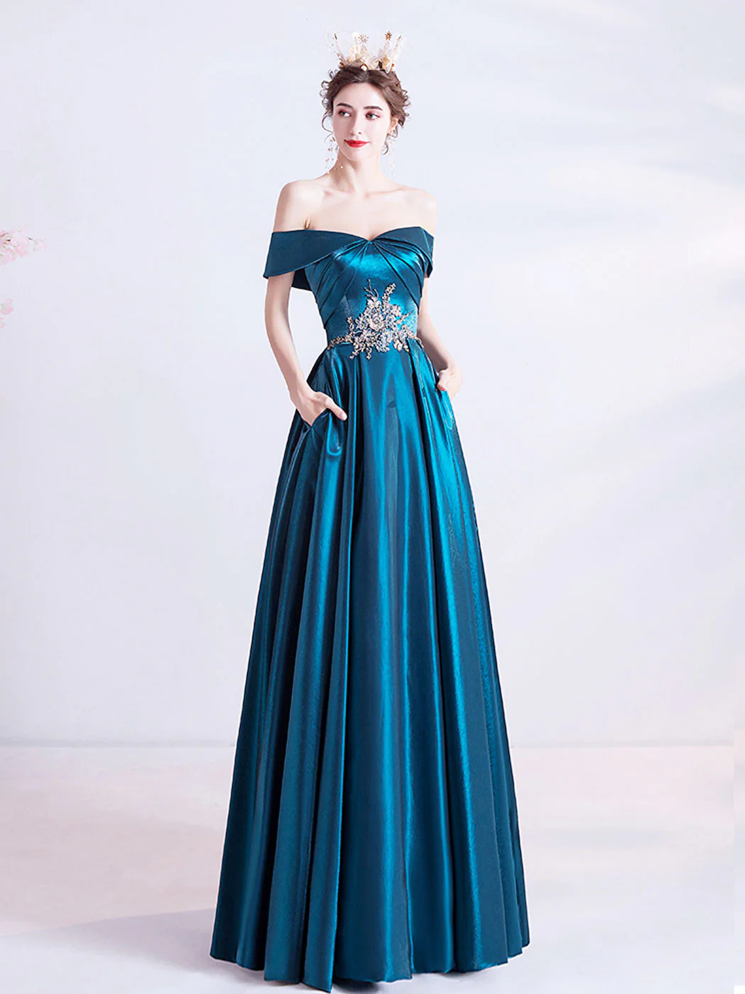 A-Line Sweetheart Neck Satin Blue Long Prom Dress, Blue Evening Dresses - Deanwangkt