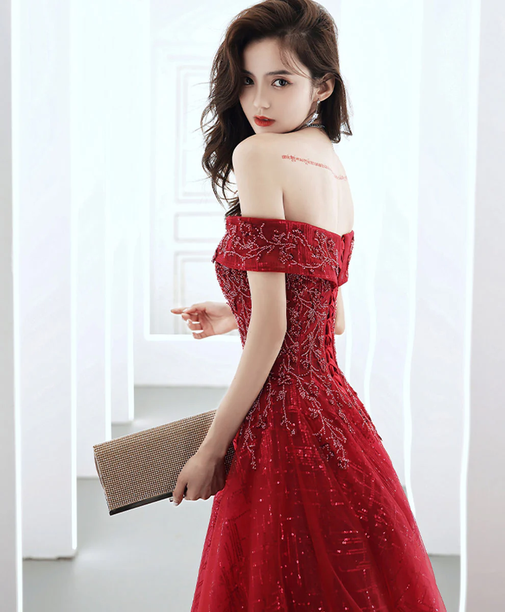 Burgundy Off Shoulder Tulle Lace Long Prom Dress, Burgundy Formal Party Dress - Deanwangkt