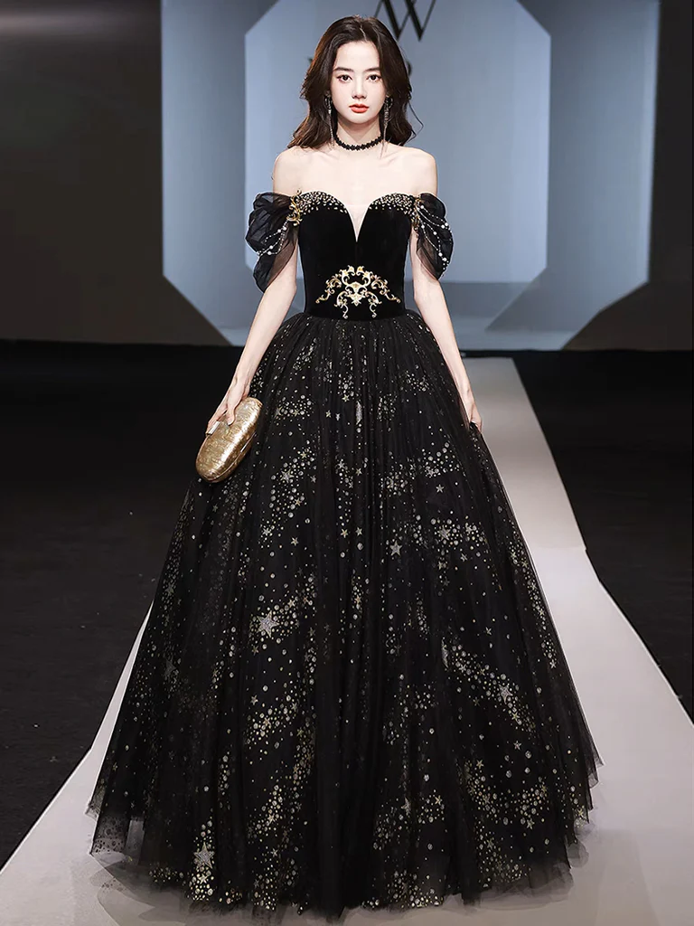 A-Line Off Shoulder Tulle Lace Black Long Prom Dress, Black Long Formal with Beads - Deanwangkt
