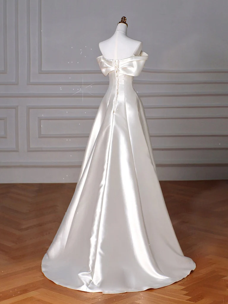 A-Line Off Shoulder Satin Beige Long Prom Dress, Beige Long Formal Dress - Deanwangkt