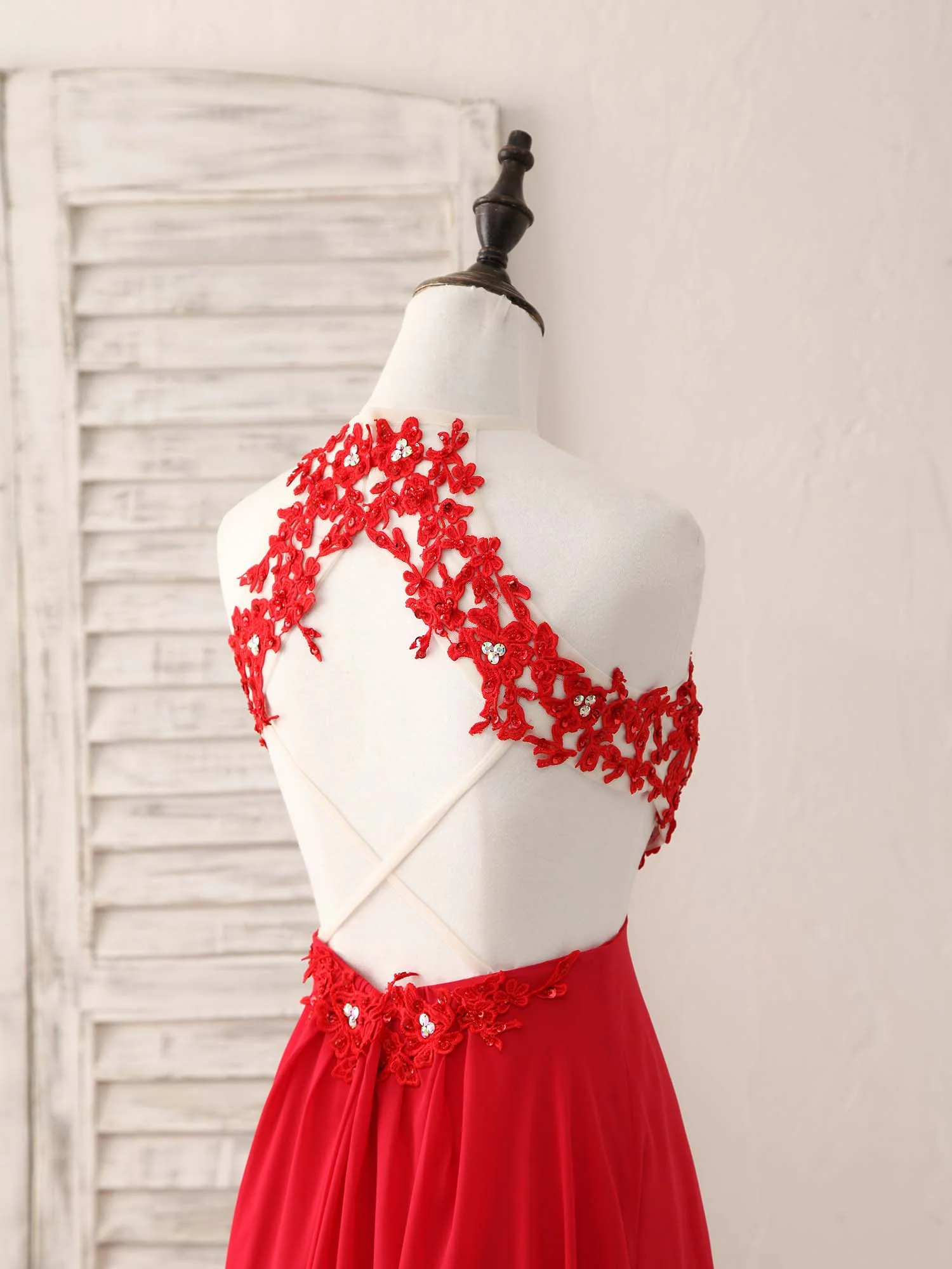 Red Hight Neck Chiffon Lace Applique Long Prom Dress, Red Formal Dress - Deanwangkt