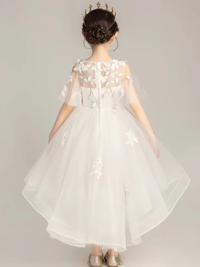 Beige Tulle Lace High Low Flower Girl Dress, Lace Girl Party Dress - Deanwangkt