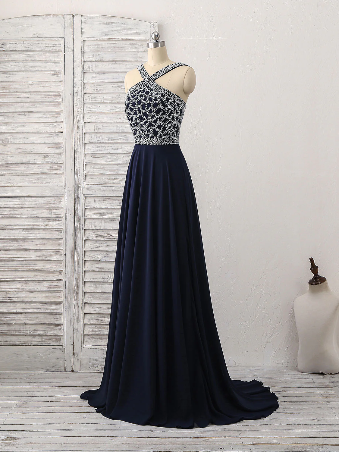 Dark Blue Chiffon Beads Long Prom Dress, Blue Evening Dress - Deanwangkt