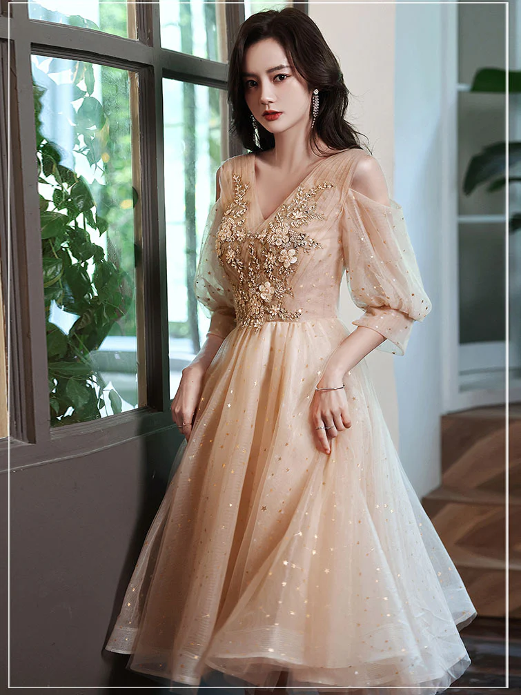 Champagne V Neck Tulle Lace Short Prom Dress, Champagne Homecoming Dress - Deanwangkt