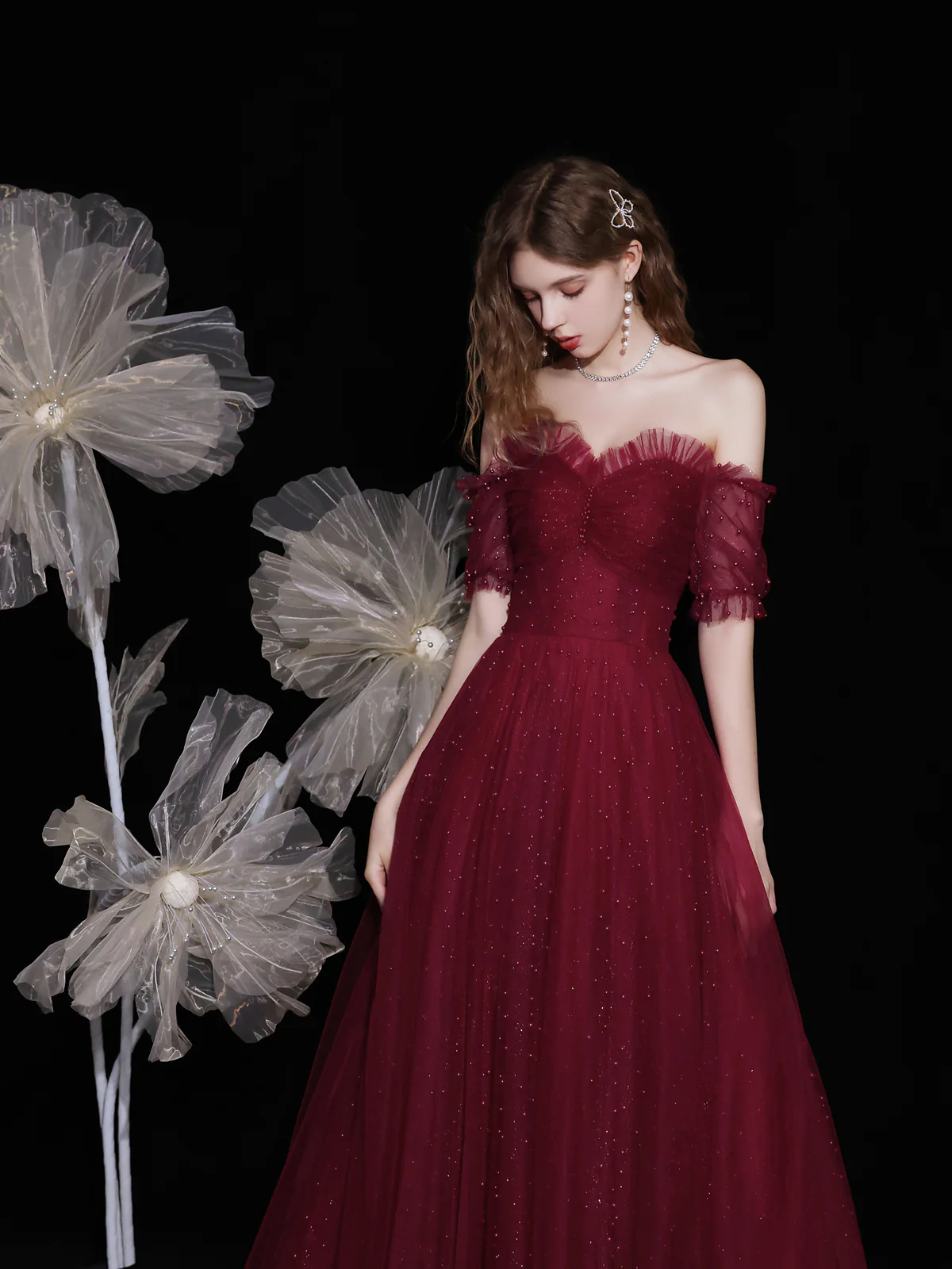 Burgundy sweetheart neck tulle beads long prom dress tulle formal dress - Deanwangkt