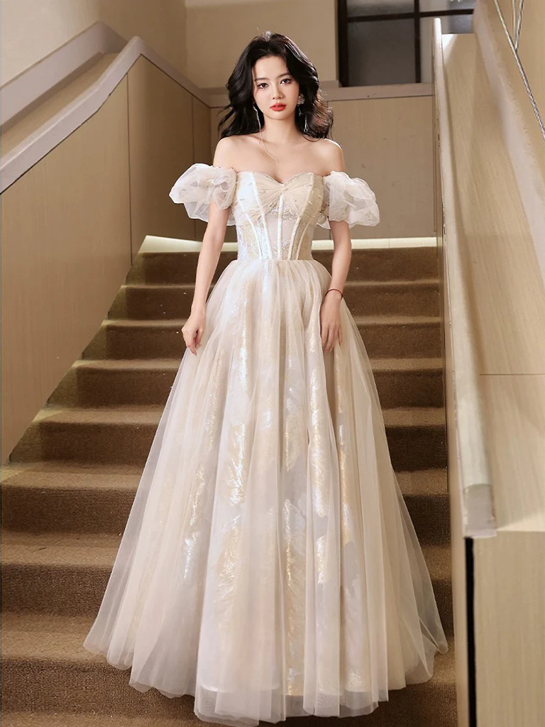 A-Line Puff Sleeves Tulle Lace Champagne Long Prom Dress - Deanwangkt