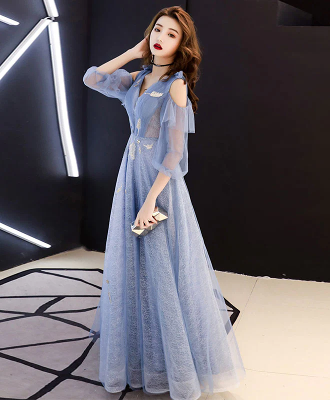 Blue V Neck Tulle Lace Long Prom Dress, Blue Evening Dress - Deanwangkt
