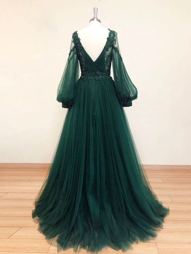 A-Line V Neck Tulle Lace Green Long Prom Dress, Green Formal Evening Dresses - Deanwangkt