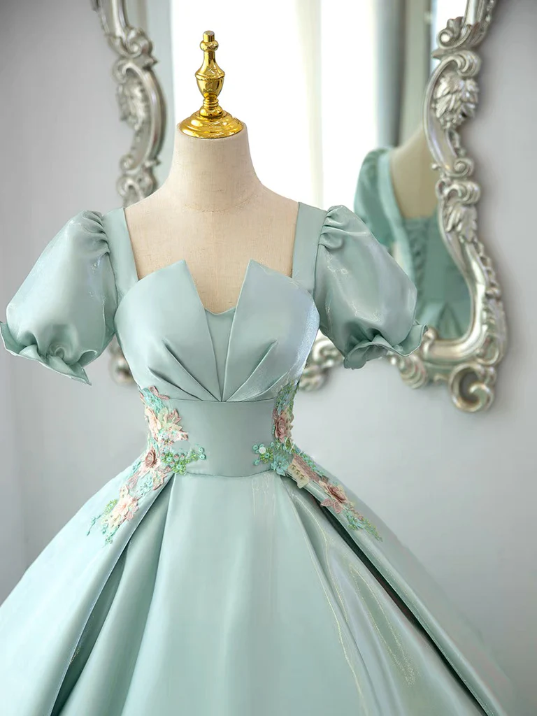 A-Line Satin Lace Applique Green Long Prom Dress, Green Long Formal Dress - Deanwangkt