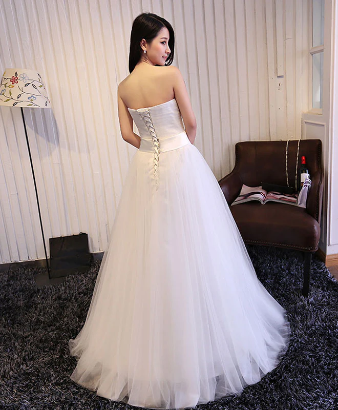 White Sweetheart Neck Tulle Long Prom Dress, Wedding Dress - Deanwangkt