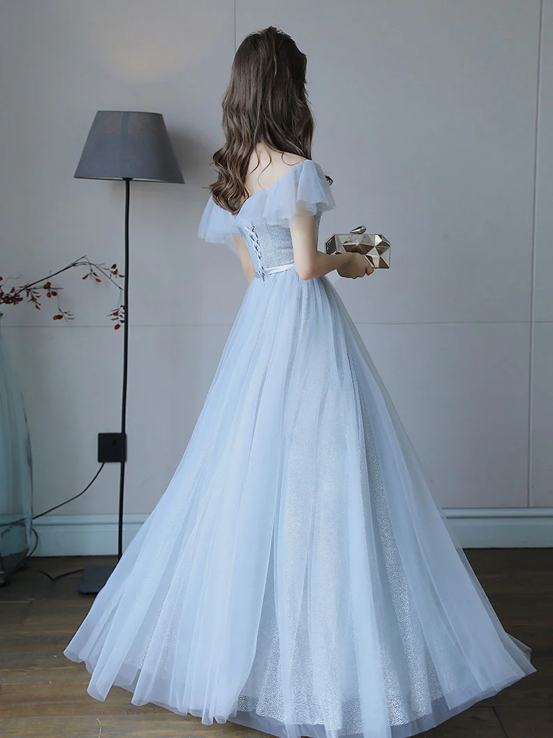 Simple Light Blue Tulle Lace Long Prom Dress, Lace Long Bridesmaid Dress - Deanwangkt