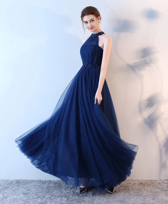 Blue Halter Tulle Long Prom Dress, Blue Evening Dress - Deanwangkt