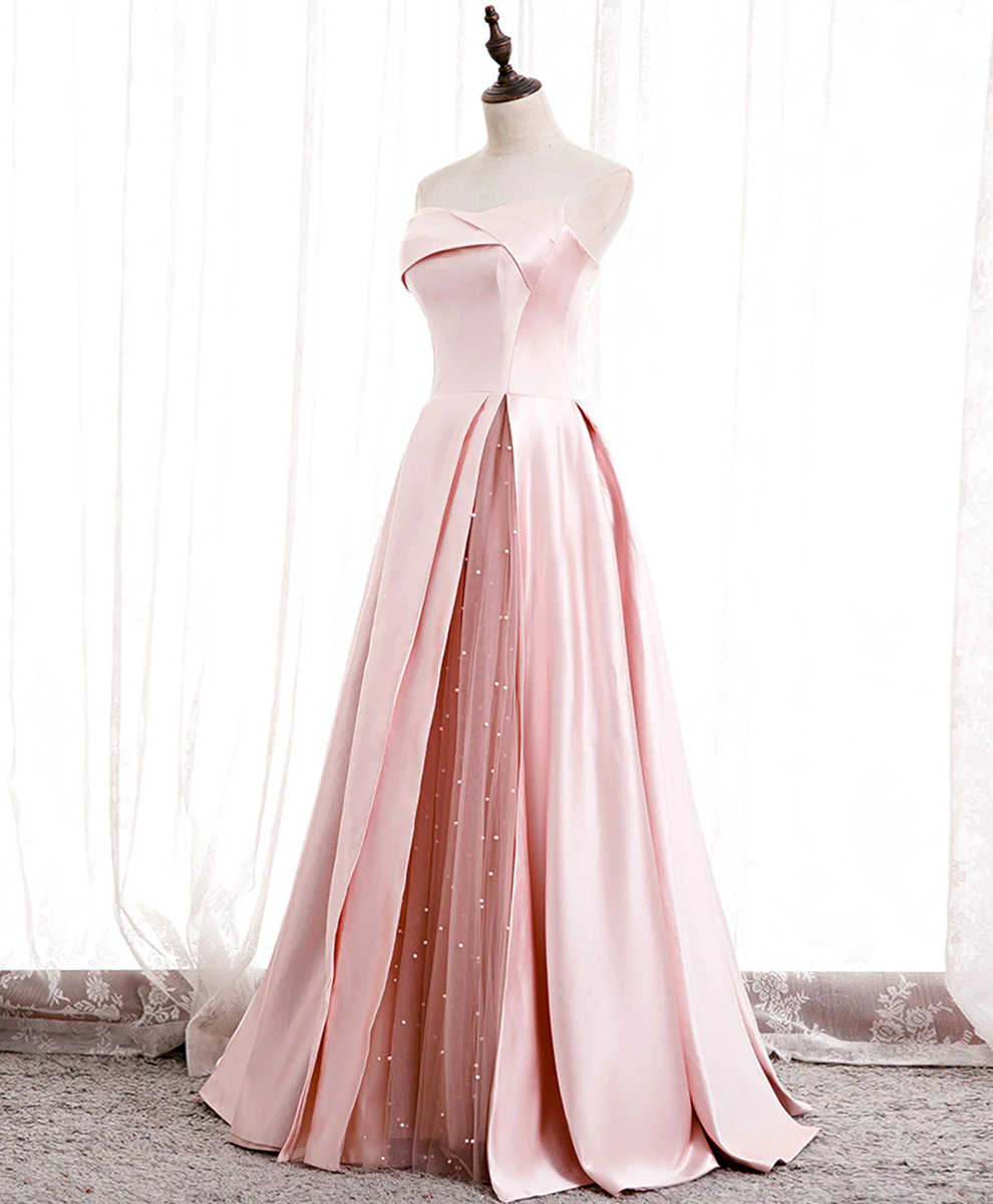 Simple Pink Satin Long Prom Dress, Pink Formal Bridesmaid Dress - Deanwangkt