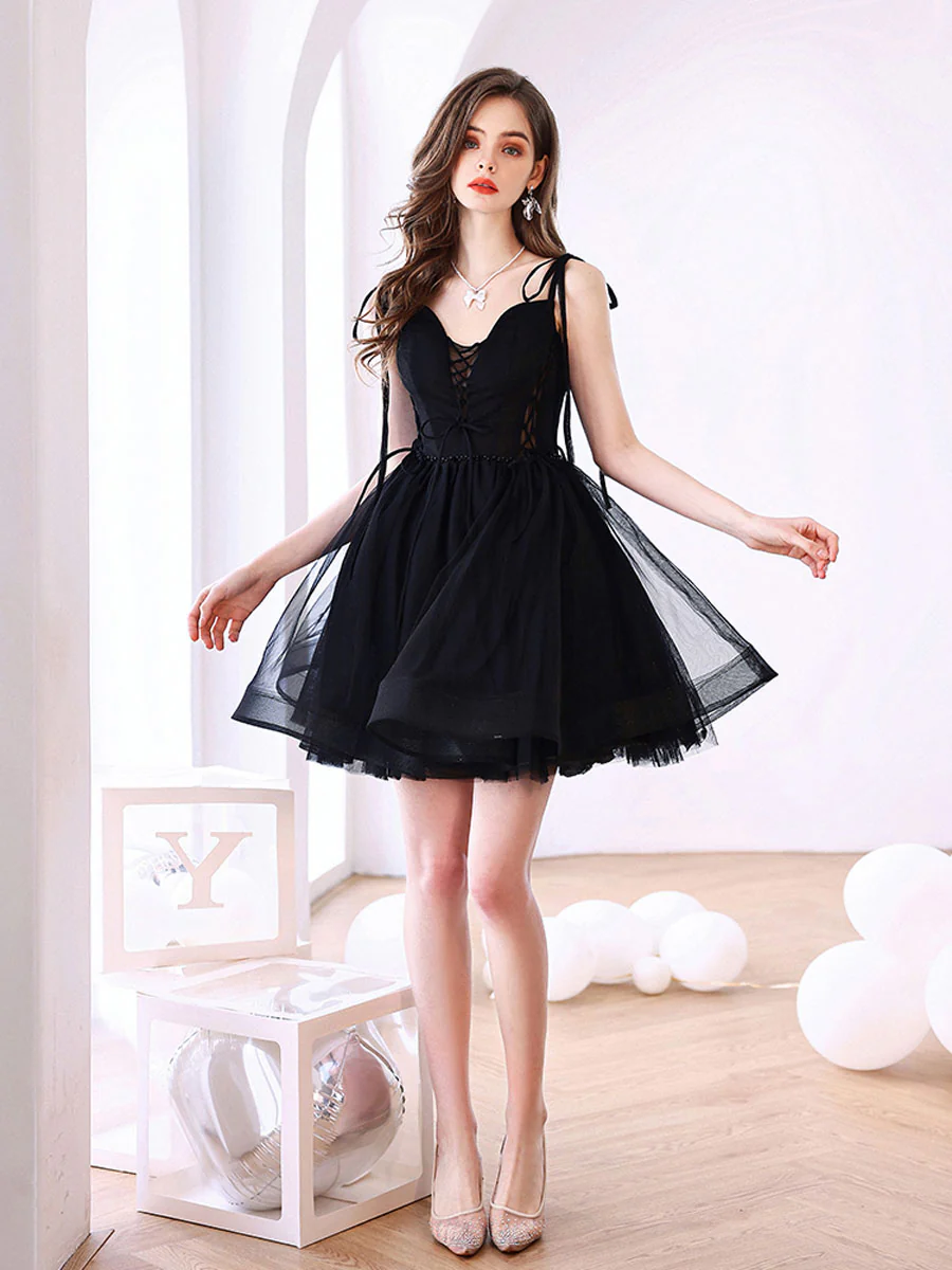 Cute V Neck Tulle Black Short Prom Dress, Black Homecoming Dresses - Deanwangkt