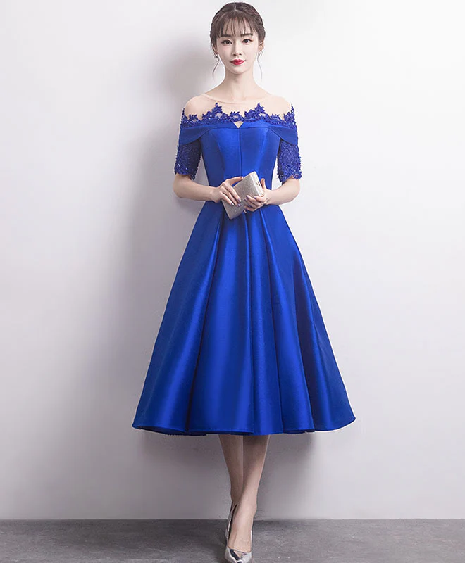 Blue Round Neck Satin Lace Prom Dress, Blue Bridesmaid Dress - Deanwangkt
