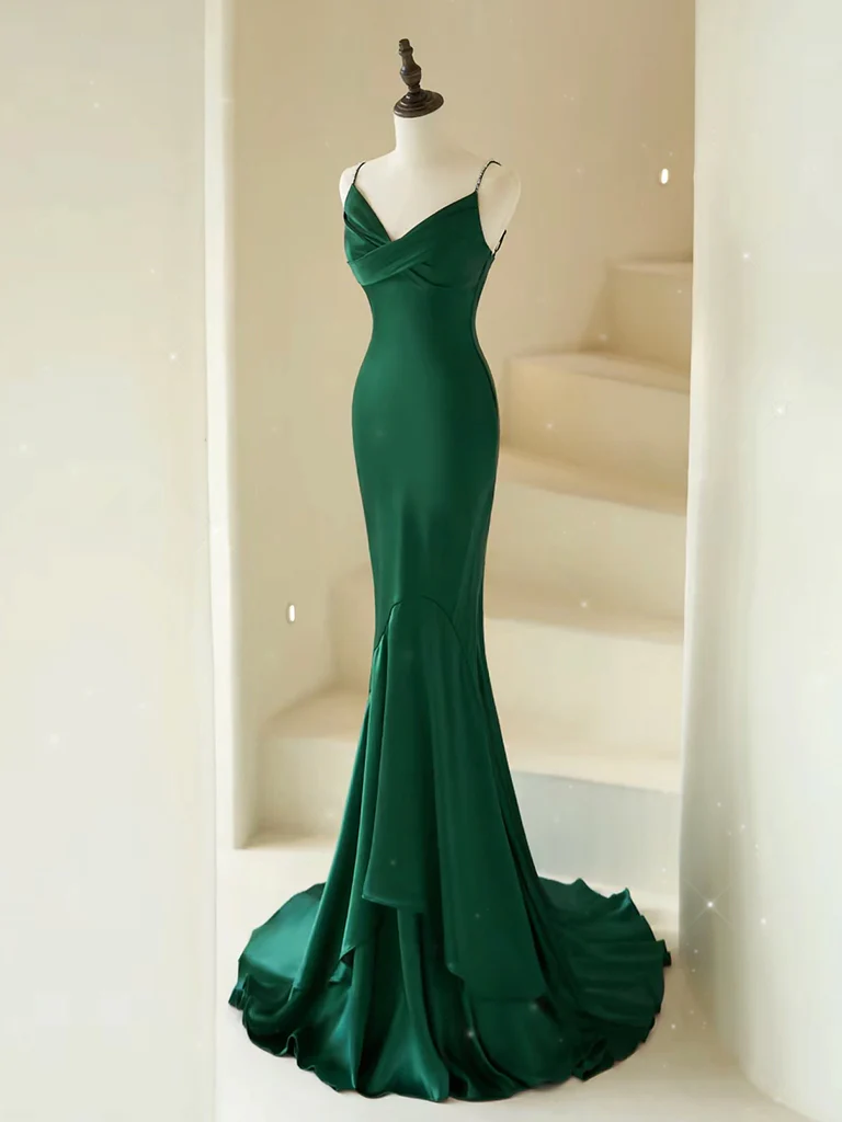 Mermaid V Neck Satin Green Long Prom Dress, Green Long Evening Dress - Deanwangkt