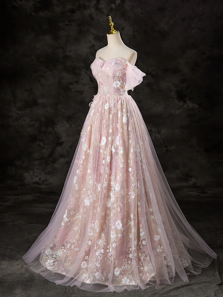 A-Line Off Shoulder Tulle Lace Pink Long Prom Dress, Lace Formal Dress - Deanwangkt
