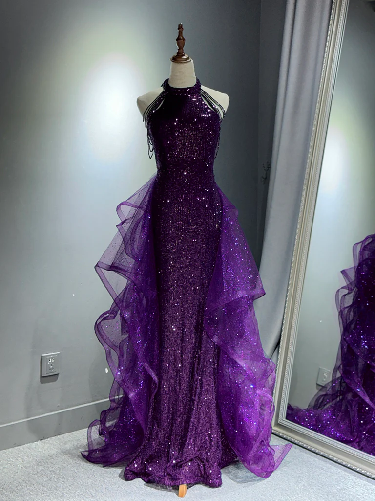 A-Line Tulle Sequin Dark Blue Long Prom Dress, Dark Blue Long Formal Dress - Deanwangkt