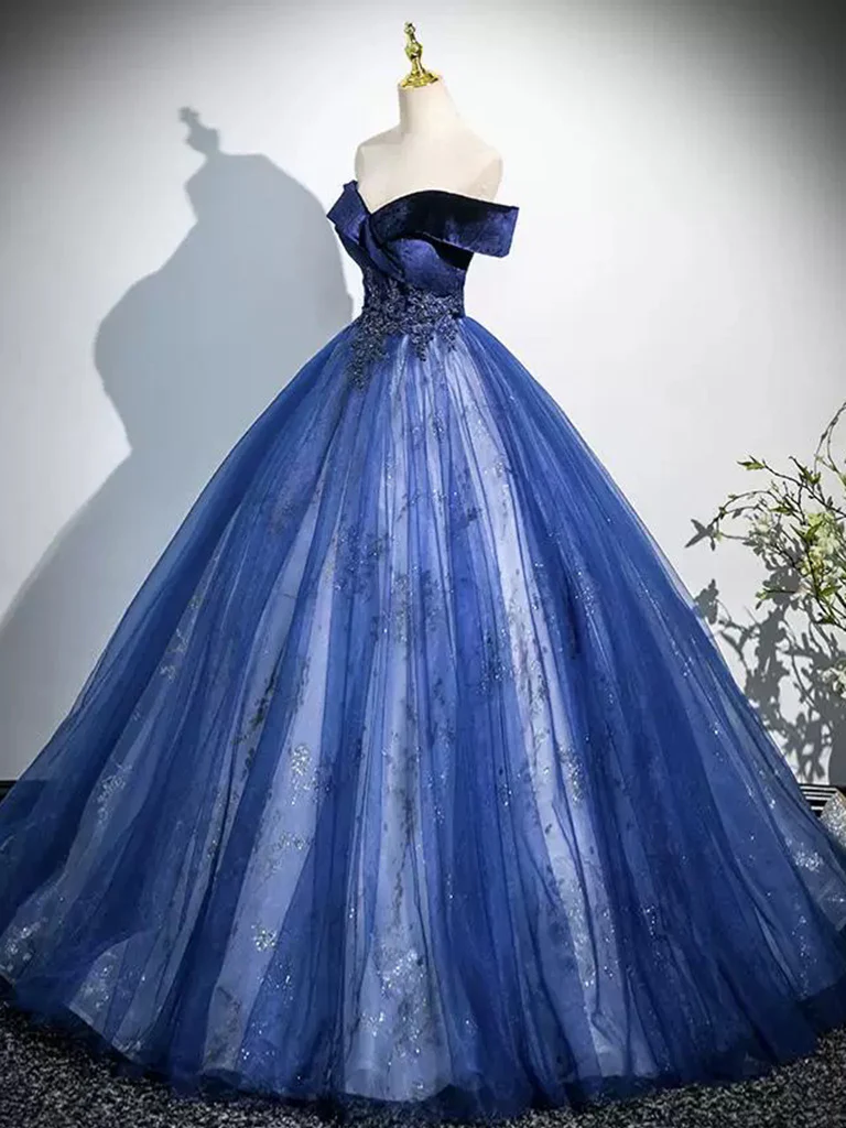 A-Line Off Shoulder Tulle Lace Blue Long Prom Dress, Blue Long Formal Dress - Deanwangkt