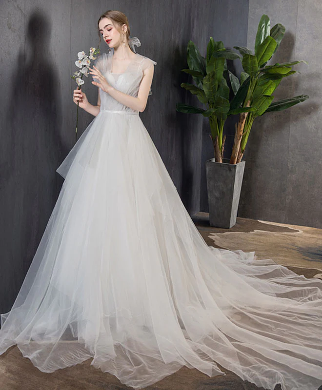 White Tulle Long Wedding Dress, White Tulle Long Bridal Dress - Deanwangkt
