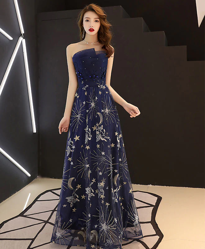 Dark Blue Tulle Lace Long Prom Dress, Blue Evening Dress - Deanwangkt