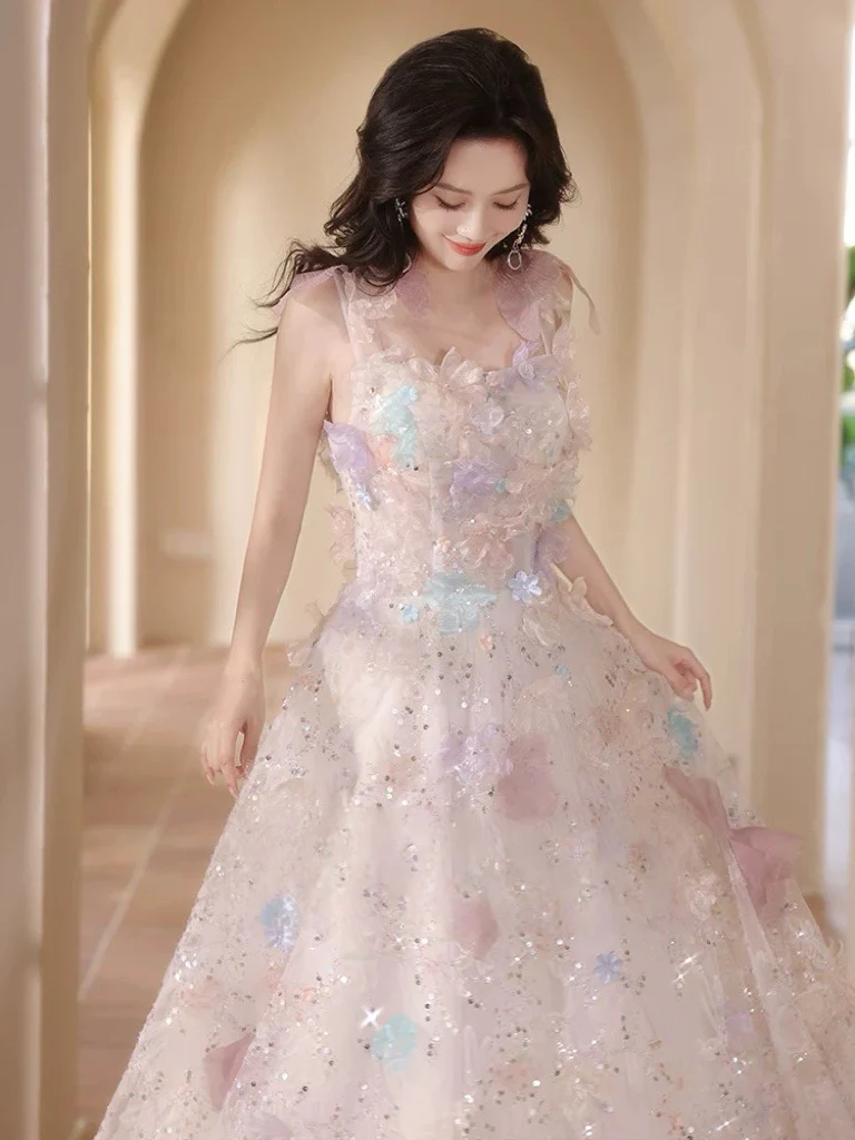 A-Line Tulle Lace Light Pink Long Prom Dress, Light Pink Formal Dress - Deanwangkt