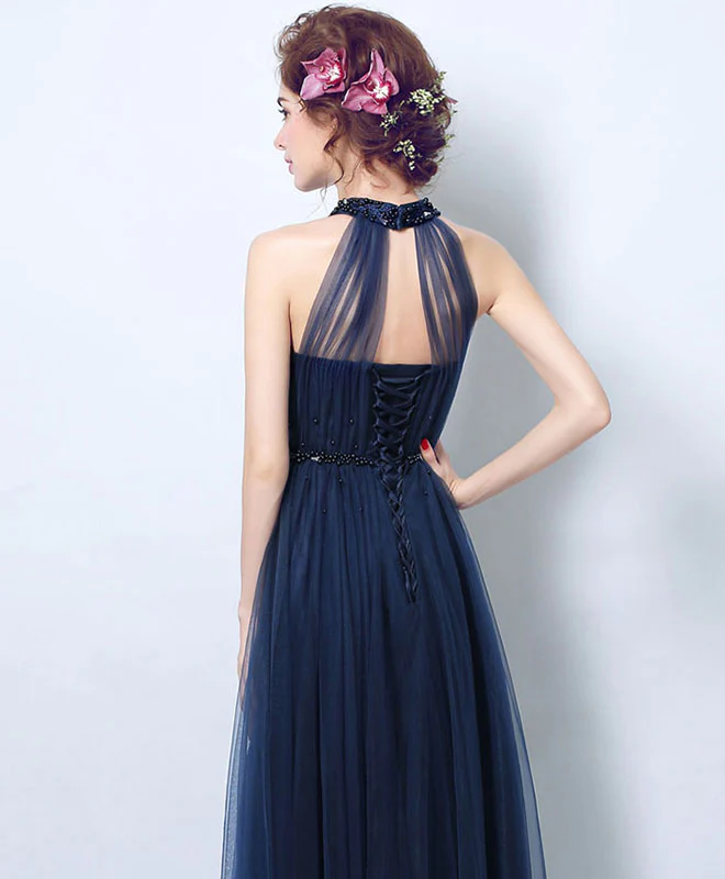 Simple Blue Tulle Tea Long Prom Dress, Blue Evening Dress - Deanwangkt