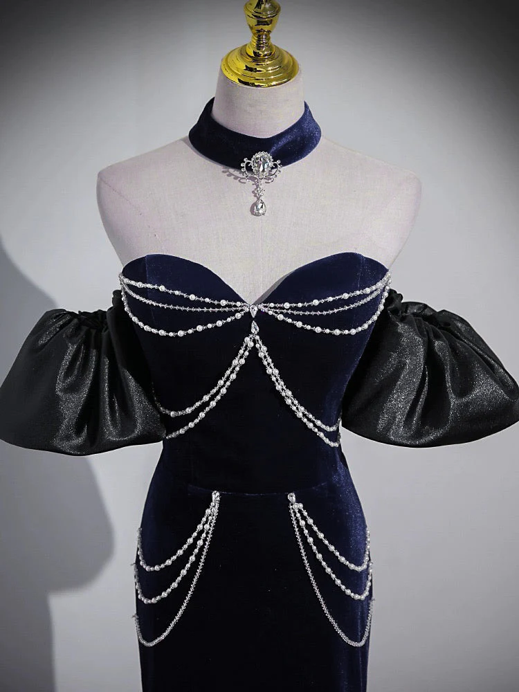 Trumpet/Mermaid Velvet Dark Blue Long Prom Dress with Beads - Deanwangkt