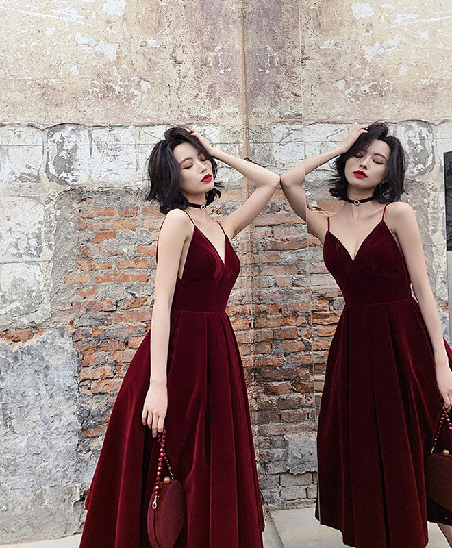 Simple Burgundy Tea Length Prom Dress, Burgundy Bridesmaid Dress - Deanwangkt