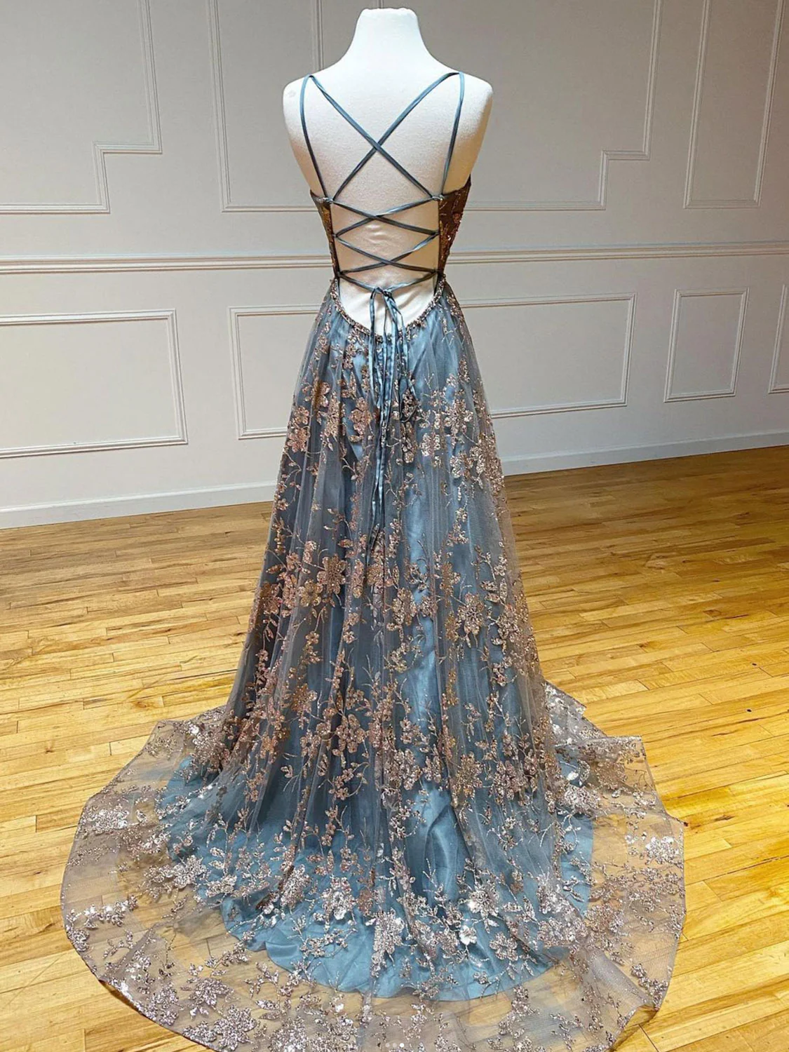 A-Line  V Neck Tulle Sequin Long Prom Dress, Backless Long Evening Dresses - Deanwangkt