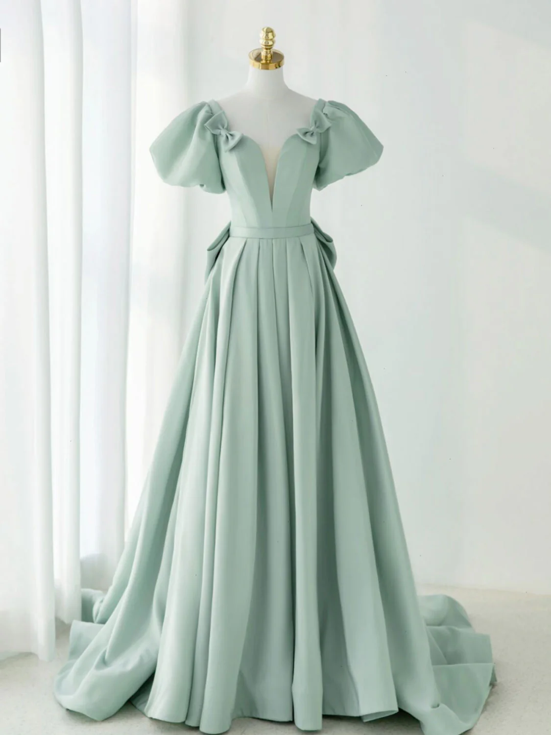 A-Line Puff Sleeves Green Long Prom Dress, Green Formal Dress - Deanwangkt
