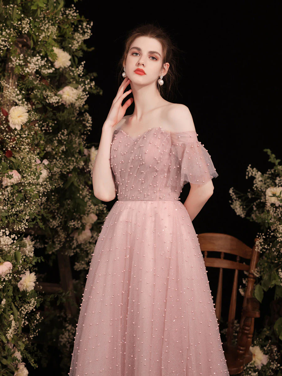 Pink Sweetheart Tulle Tea Length Prom Dress, Pink Formal Dress - Deanwangkt