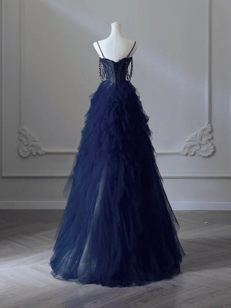 A-Line Sweetheart Neck Tulle Dark Blue Long Prom Dress, Dark Blue Long Graduation Dress with Beads - Deanwangkt
