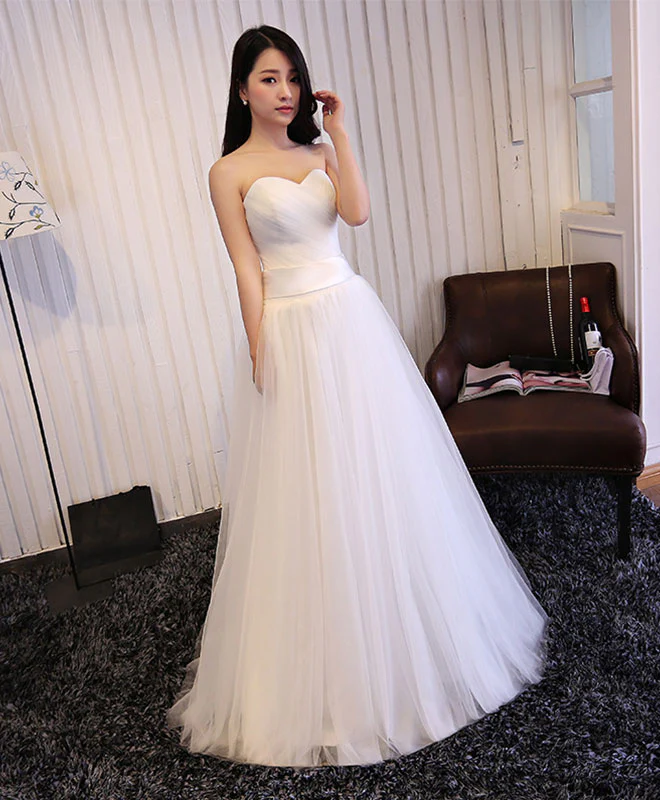 White Sweetheart Neck Tulle Long Prom Dress, Wedding Dress - Deanwangkt