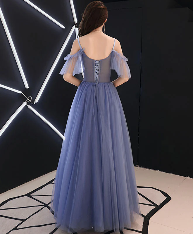 Blue V Neck Tulle Lace Long Prom Dress, Blue Tulle Evening Dress - Deanwangkt