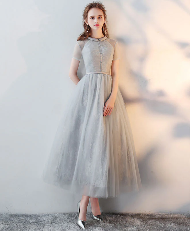 Gray High Neck Tulle Lace Prom Dress Tulle Lace Evening Dress - Deanwangkt