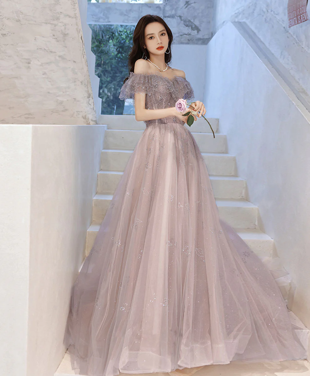 A-line Tulle Lace Off Shoulder Long Prom Dress Tulle Formal Dress - Deanwangkt