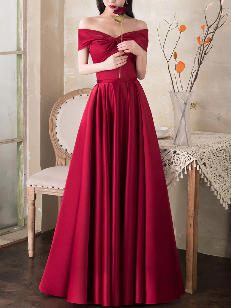 Simple A-line Dark Red Satin Long Prom Dress Red Bridesmaid Dress - Deanwangkt
