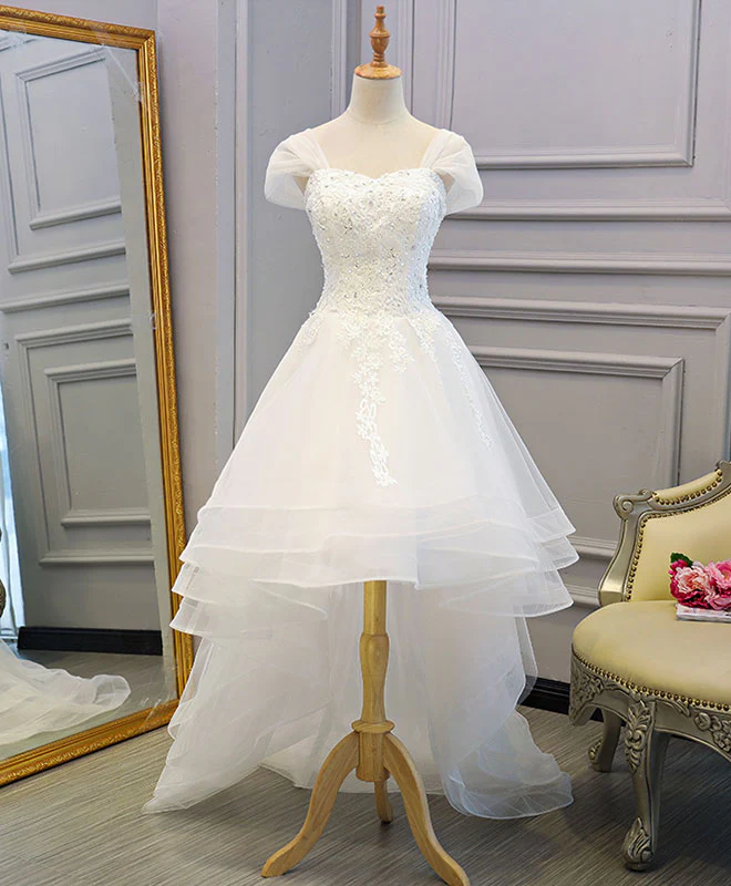 White Lace Tulle High Low Long Wedding Dress, Bridal Dress - Deanwangkt