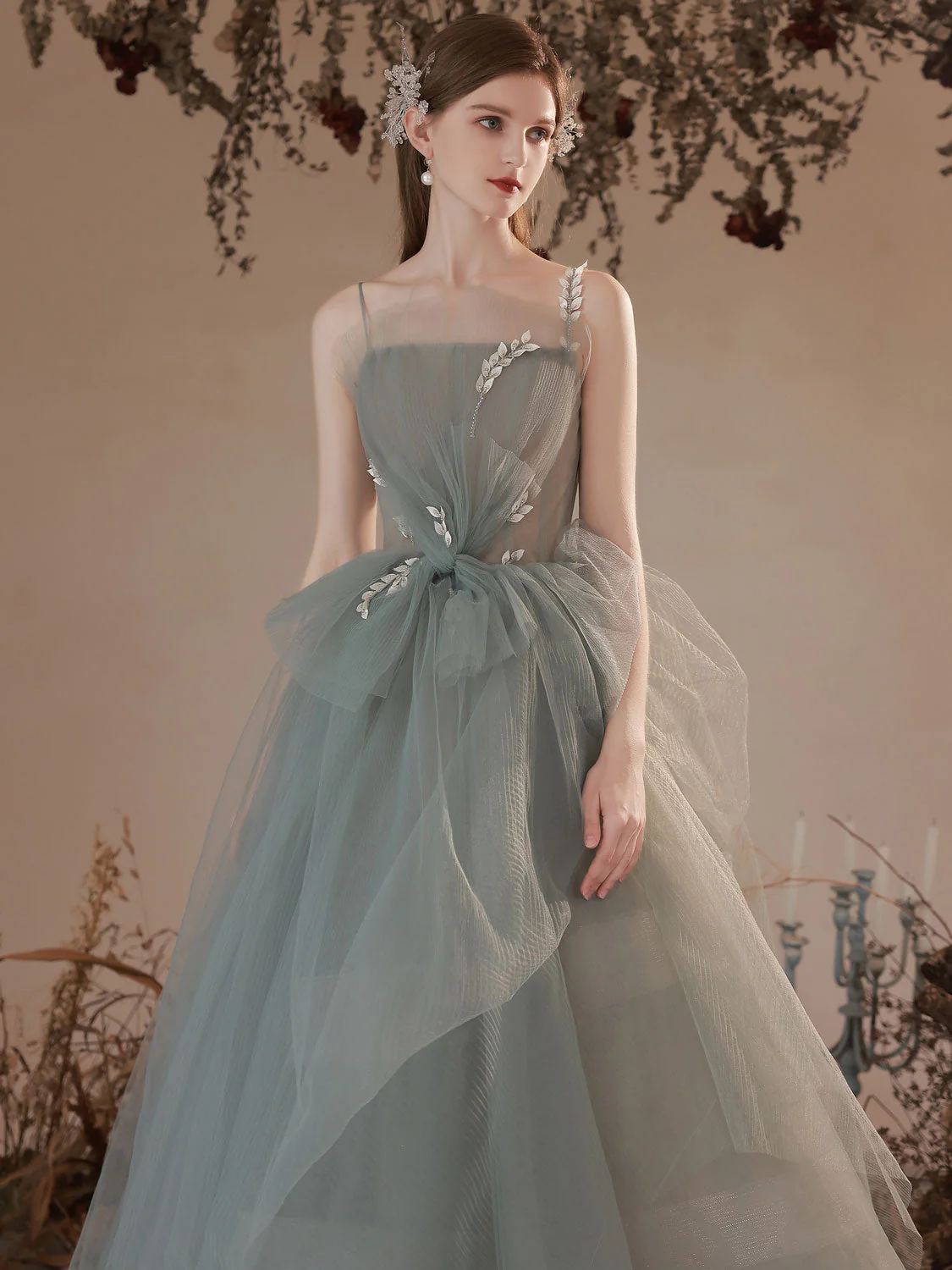 Gray Green Long Prom Dress, Gray Green Formal Graduation Dresses - Deanwangkt