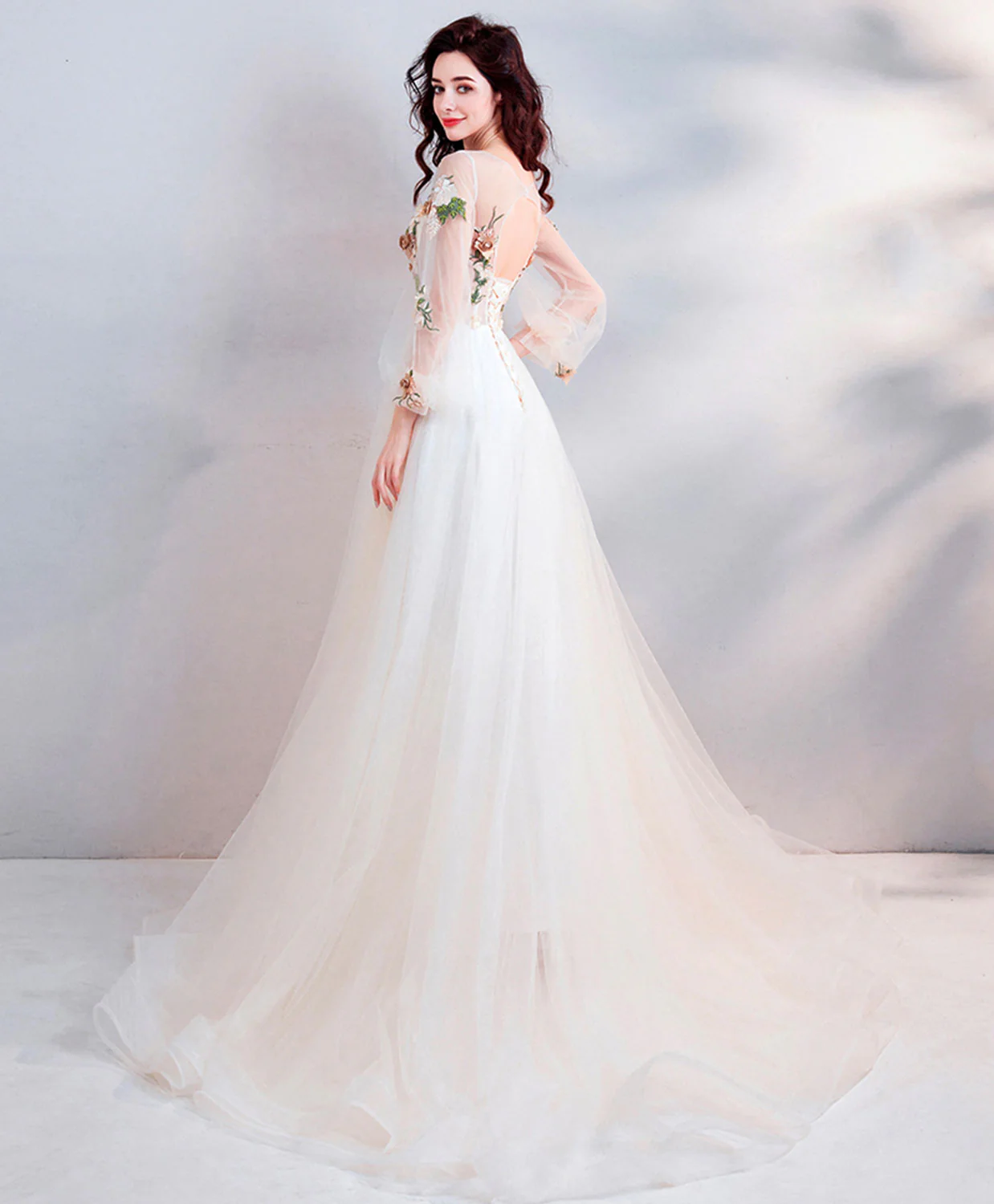 Light Champagne Tulle Lace Long Prom Dress, Champagne Tulle Evening Dress - Deanwangkt